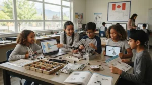 Classroom illustration of Canadian students collaborating on a middle-school STEM coding project.