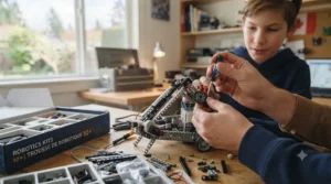 Hands assembling mechanical gears and sensors for a robotics kit suitable for a 10-year-old learner.