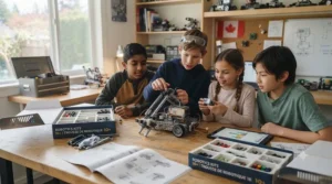 Canadian students collaborating on a robotics kit project in a modern classroom setting.