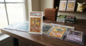 High-value vintage Pokemon cards held in protective sleeves. Cartes Pokémon vintage de grande valeur dans des protège-cartes.
