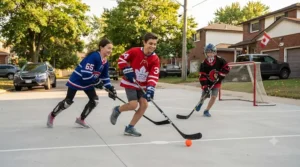 Hockey players using street hockey gear on a smooth outdoor concrete pad
