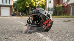 Full-coverage street hockey goalie mask with high-impact protective cage