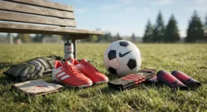 Durable youth soccer cleats and ball for outdoor play.