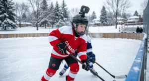 A young Canadian hockey player wearing a helmet with an action camera during a game on an outdoor rink.
