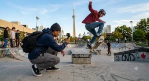 A youth capturing skateboarding tricks with a handheld action camera at a Toronto skatepark.