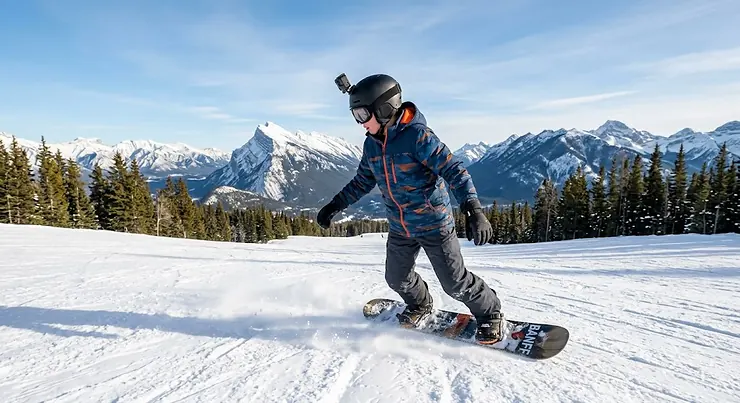 A youth using an action camera while snowboarding down a mountain in Banff, Alberta. action camera youth