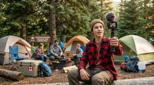 A youth catching a wave in Tofino while recording the experience with a waterproof action camera mounted to their surfboard.