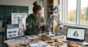 Teen girl assembling 3D-printed structural mechanical parts using an engineering STEM kit.