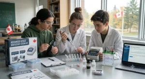 Teenagers analysing DNA samples using a hands-on biotechnology advanced STEM kit.