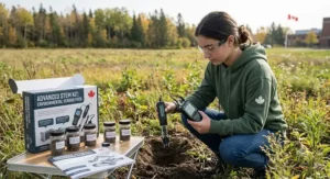 Teen testing local soil samples outdoors using an environmental science advanced STEM kit.