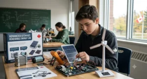 Teenager experimenting with a mini solar grid and wind turbine from an advanced STEM kit.