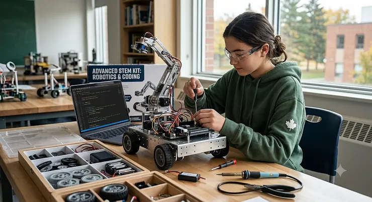 A Canadian teenager building a programmable robotics vehicle with an advanced STEM kit. advanced STEM kits teens
