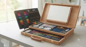 An organized all-in-one professional art set for kids with dedicated slots for every brush and pastel.