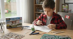 Child-safe glue and tools used alongside a scale model kit for kids.