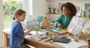 Children sharing tools from a professional art set for kids while working on colourful canvas paintings.