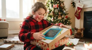 Excited child opening a digital drawing tablet gift box, a top holiday gift idea for kids in Canada.