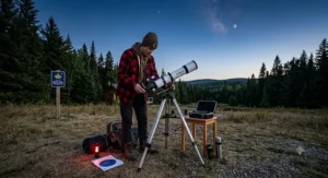 Teen setting up a portable astronomy telescope inside a Canadian dark-sky preserve.