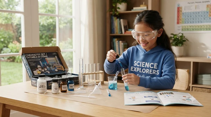 A 10-year-old Canadian child conducting safe STEM experiments with a colorful chemistry set at a home desk, featuring bilingual packaging.