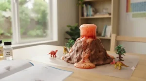 Fun science graphic of an erupting model volcano, a classic experiment found in popular Canadian chemistry sets for kids.