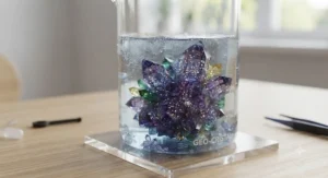 Macro shot of an intricate, sparkling geode crystal cluster forming inside a glass container during an advanced science project.