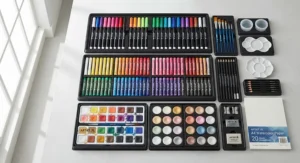 A complete professional art set for kids laid out flat, showing watercolour cakes, oil pastels, and markers.