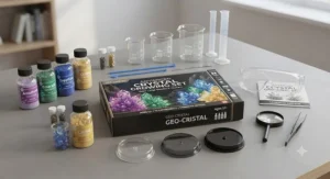 All components laid out for an advanced crystal growing set, including chemical powders, stirring rods, safety goggles, and display bases.