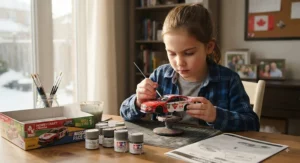 A child focused on painting a finished scale model car from a hobby kit.