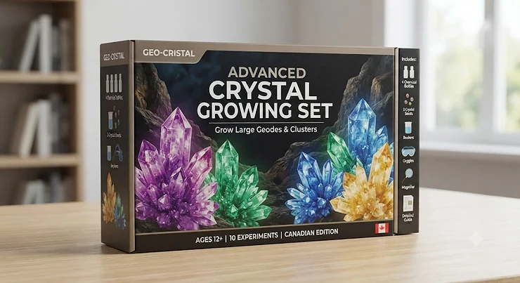 Packaging for an advanced crystal growing set designed for older kids and hobbyists, featuring colorful crystal formations. crystal growing set advanced