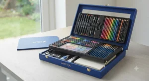 A deluxe professional art set for kids displayed in an open gift box with vibrant tools ready for creative projects.