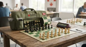 A deluxe tournament chess set featuring a convenient carry bag for easy transport.
