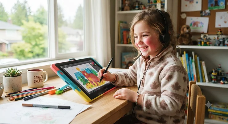 Young Canadian child smiling while using a digital drawing tablet to create colourful digital art at a desk.