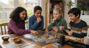 A diverse group of Canadian tweens smiling and planning their next move in a tabletop game.