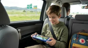 A tween relaxing on a couch with a cozy blanket reading a favourite book on a digital e-reader device.