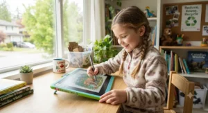 Child drawing on an eco-friendly paperless digital drawing tablet, helping Canadian families reduce paper waste.