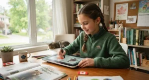 Student using an educational digital drawing tablet for kids during a creative homeschooling session in Canada.