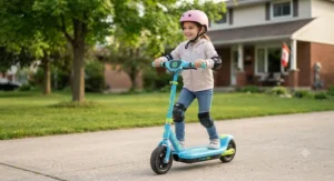 A beginner-friendly electric scooter for kids featuring a stable wide deck and secure handlebars.