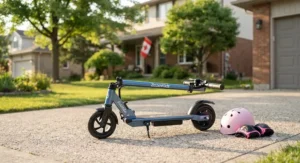 A lightweight, foldable electric scooter designed for kids, shown standing upright on a suburban driveway.