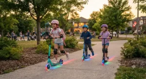 Kids riding electric scooters with glowing LED wheels during a warm summer evening in Canada.
