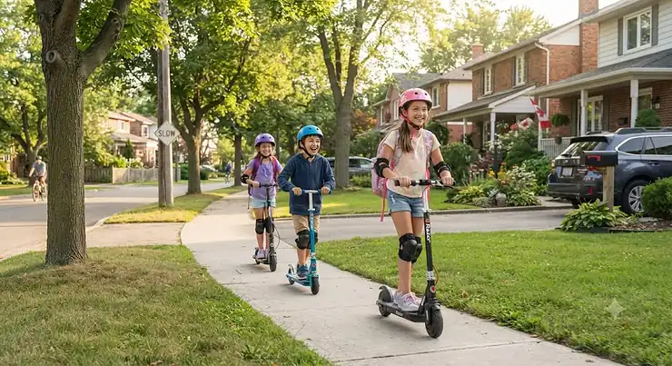 Kids wearing safety helmets riding electric scooters safely down a suburban Canadian neighbourhood sidewalk.