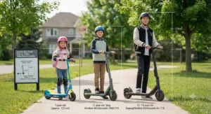 Illustration showing height and size recommendations for electric scooters for kids versus teens.