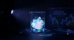 Specialty fluorescent crystals grown with an advanced kit glowing brightly under an ultraviolet light in a dark room.