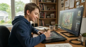 Older kid sketching detailed digital illustrations on a graphic drawing tablet with a pressure-sensitive stylus.