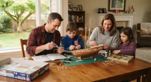 Canadian family spending time together building a scale model ship kit in the living room.