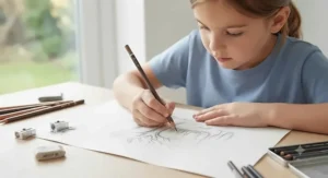 Close-up of a child sketching with high-quality supplies from a professional art set for kids.