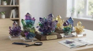 A collection of finished multicolored crystal specimens produced using an advanced crystal growing set displayed on a wooden table.