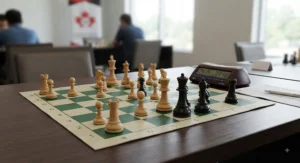 An official regulation-size chess set arranged for a competitive tournament game.