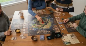 Overhead view of a popular strategy board game setup featuring cards, tokens, and a game board.