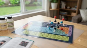 Graphic asset showing a colourful periodic table and atom models designed to complement a chemistry set for a 10 year old learner.