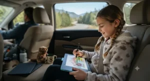 Child using a lightweight portable digital drawing tablet in the back of a car during a Canadian family road trip.