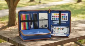 A portable professional art set for kids packed neatly in a compact carrying case for creative fun on the go.